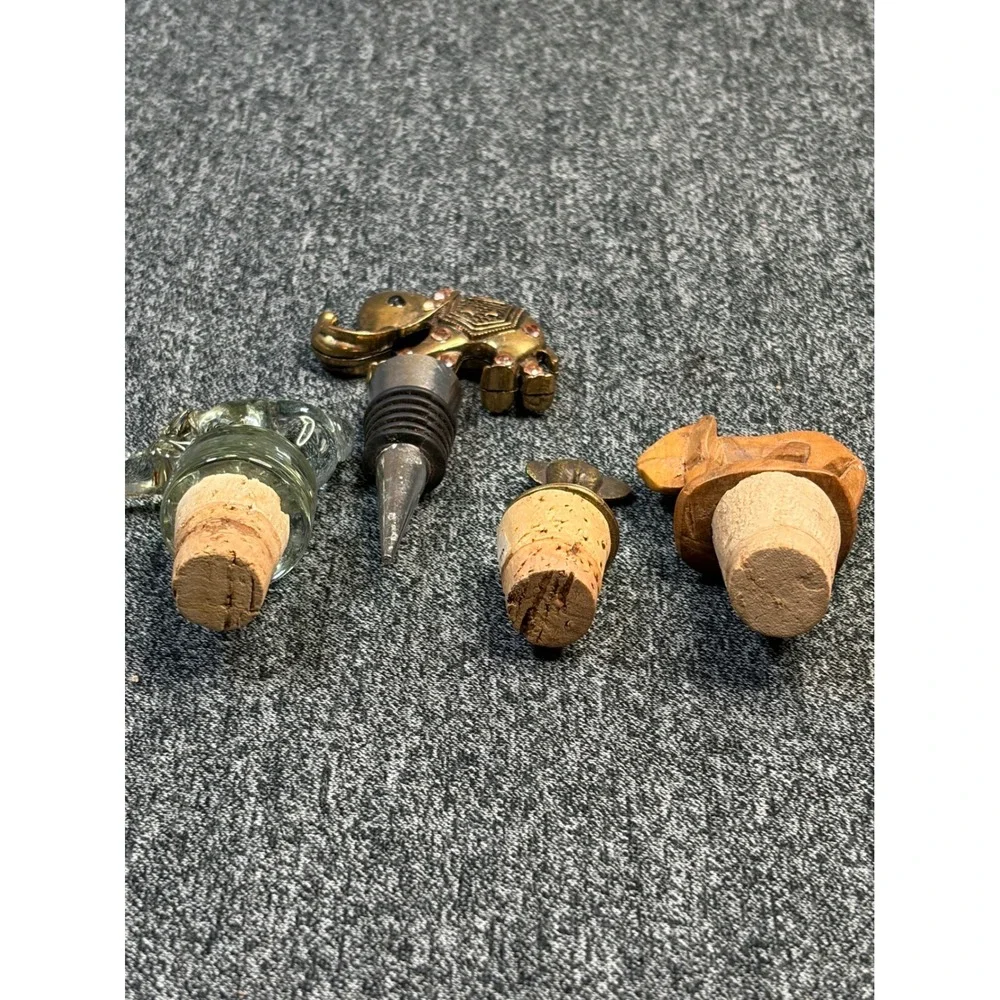 Lot of 4 Wine Bottle Stoppers Wood Glass Brass Jeweled Barware‎ African Elephant